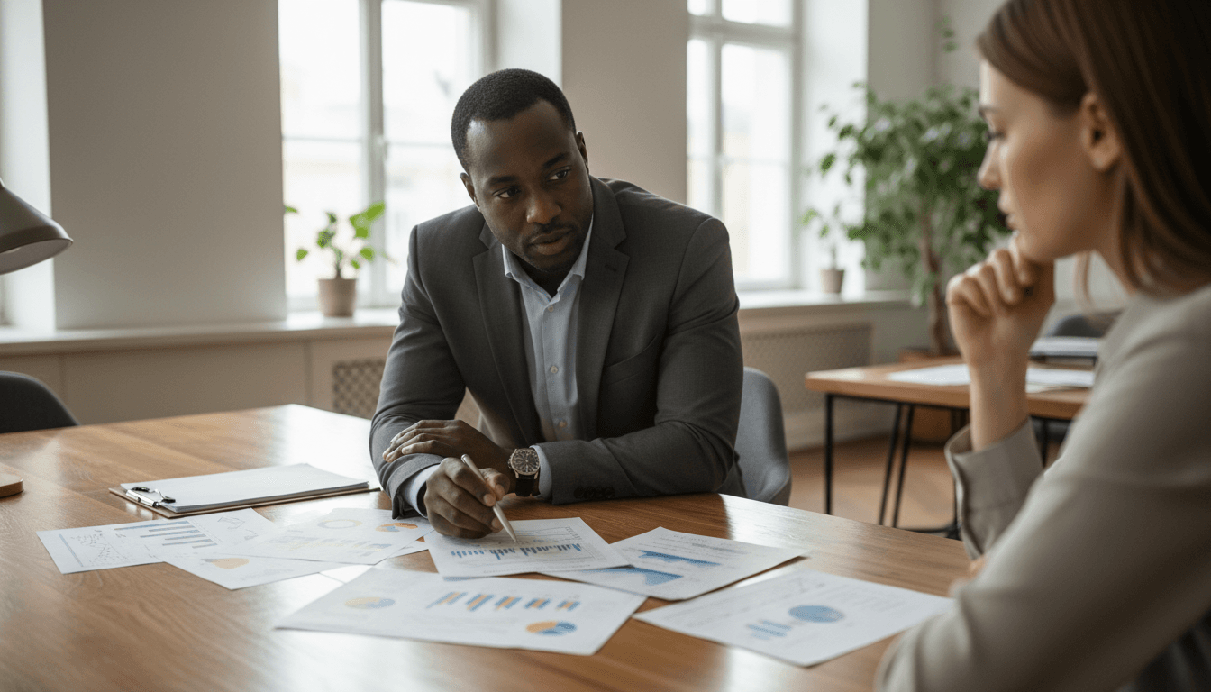 Consultant reviewing financial documents with client