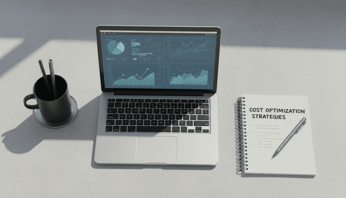 Financial consultant workspace showing cost optimization analysis on laptop with data charts