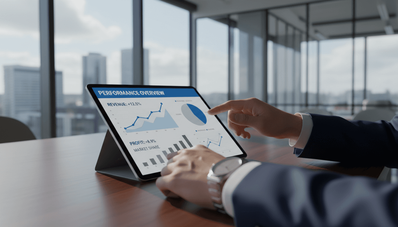 Professional analyzing financial performance metrics on tablet in modern Paris office