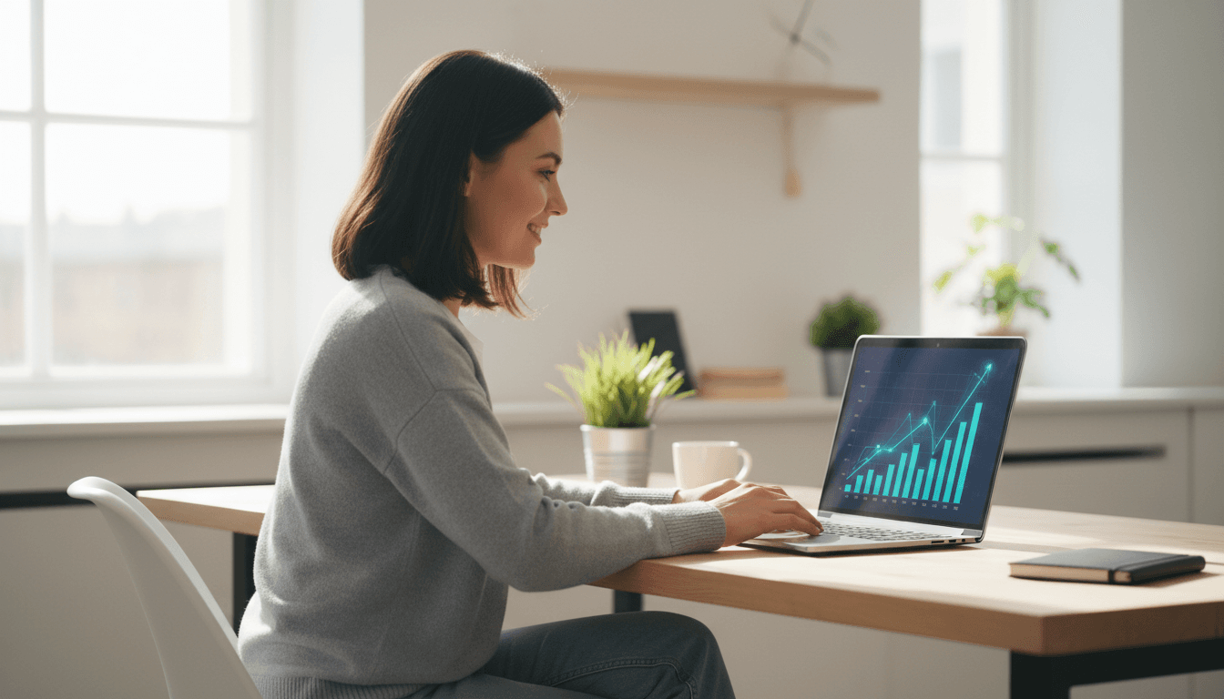 Business owner reviewing improved financial performance metrics