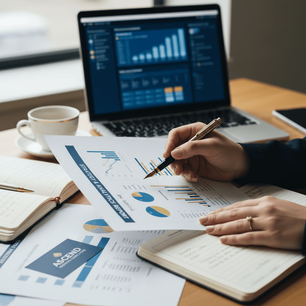 Consultant and founder's hands reviewing financial growth metrics and business strategy charts during advisory session
