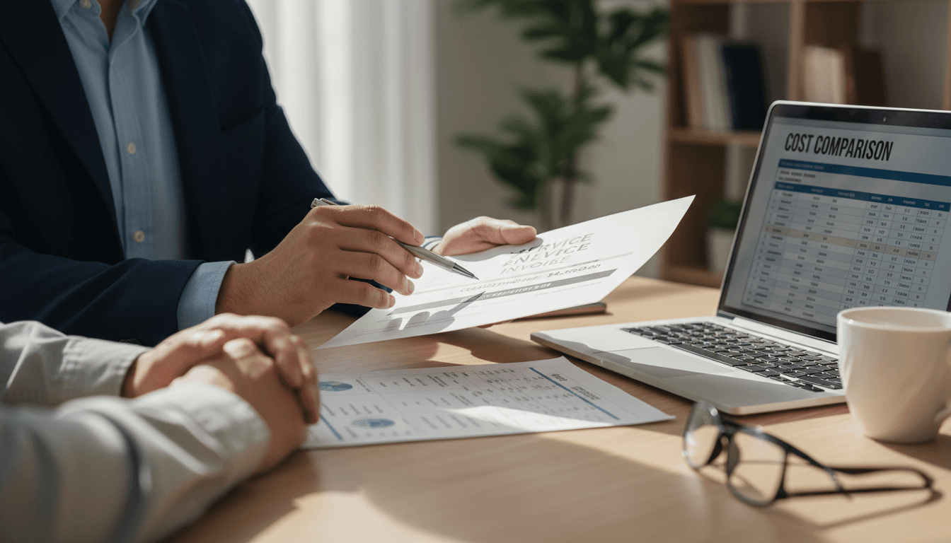 Consultant reviewing service invoice with client, pointing at bill details on document with pen at desk