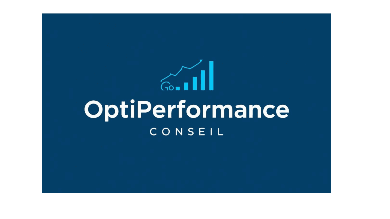 OptiPerformance CONSEIL logo featuring a light blue rising graph graphic on a dark blue background.